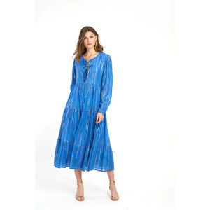 Oliphant Long Sleeve Maxi Dress Tiered Multicolor Striped Rio Blue Medium